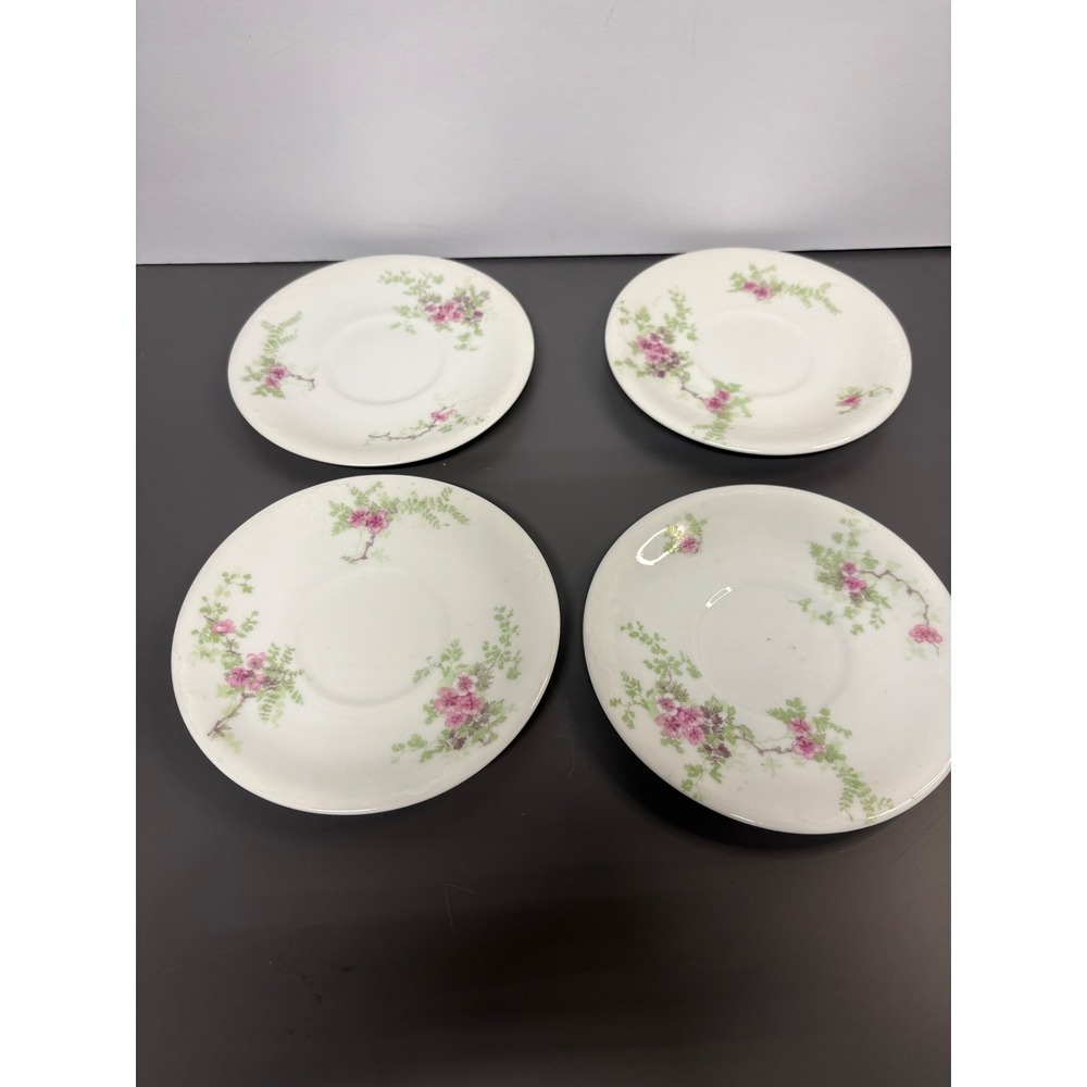 Jean Pouyat Limoges France Pink Floral Porcelain Saucers Set of 4 Antique JPL